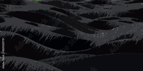 Abstract dark wavy landscape with a green patch in the distance