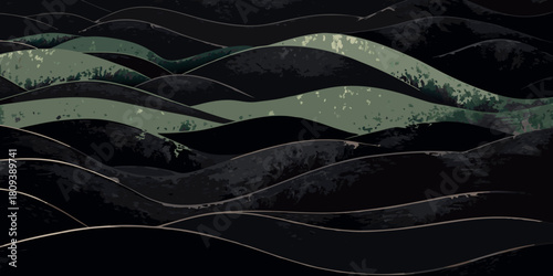 Abstract dark wavy landscape with green accents and golden outlines
