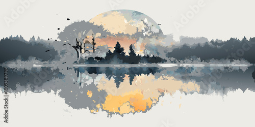 Abstract landscape with trees water reflection and a large moon