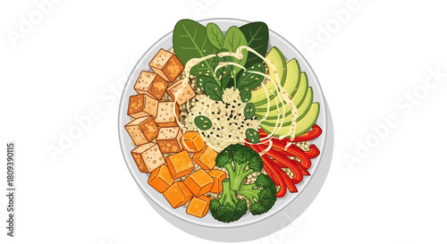 Colorful Bowl with Tofu, Sweet Potatoes, Broccoli, Avocado, and Hummus on Greens