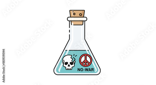 Stylized Flask with Toxic Symbol and Crossed-Out Peace Emblem Representing Anti-War Scientific Commentary