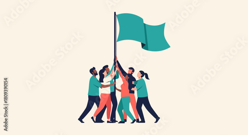 Stylized Illustration of Team Raising Green Flag Together in Symbolic Act of Unity and Collective Effort