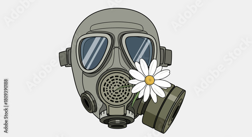 Stylized Gas Mask with White Daisy Inserted into Filter Canister on Gray-Green Background