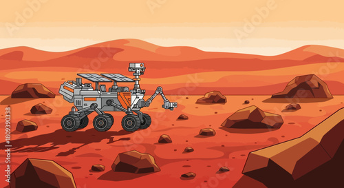 Robotic Rover on Rocky Reddish Terrain with Hills and Orange Sky in Extraterrestrial Landscape