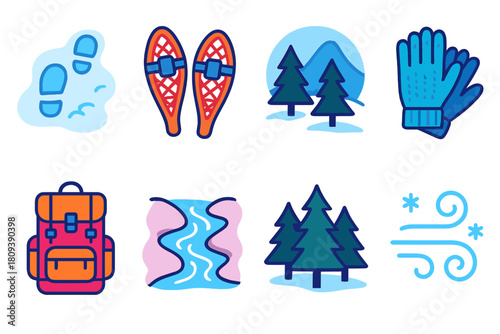 Winter Trail Icons. Frozen Trail flat icons set. snow tracks, snowshoes, forest view, wool gloves, hiking pack, frozen stream, pine trees, frosty air