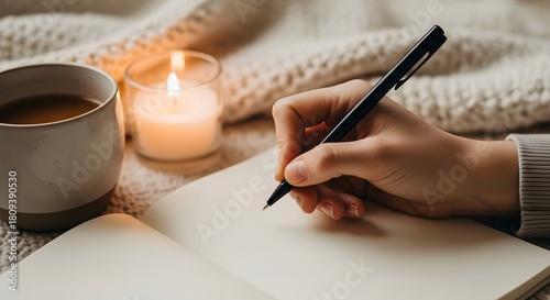   hand writing in notebook with pen near tea and candle on soft blanket