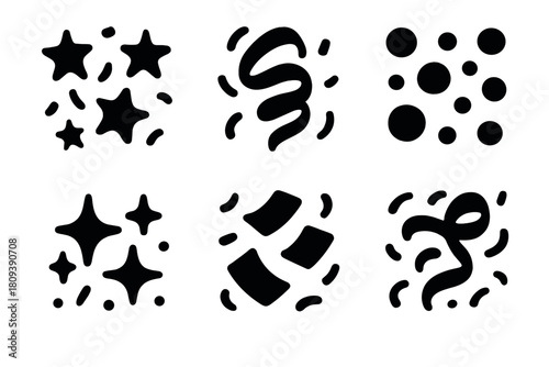 Festive Icon Confetti. Joyful Confetti silhouette icon set. star sprinkles, curling ribbon, polka dots, glitter spark, falling papers, festive twirl