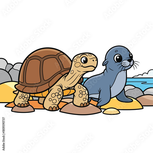 Cute Cartoon Tortoise and Seal Friends Sitting on Rocky Beach. Happy Reptile and Marine Mammal Character near Ocean for Kids Design Vector Illustration.