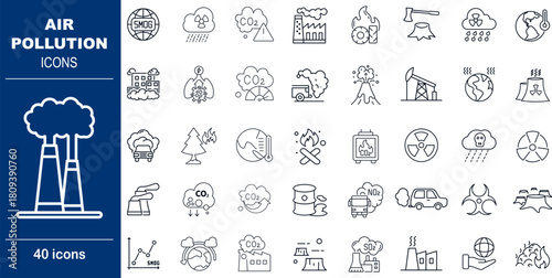 Air Pollution and Environmental Threat Vector Icons. Set of 40 editable stroke symbols for industry, smog, and climate change awareness. Includes factory, car exhaust, and Earth