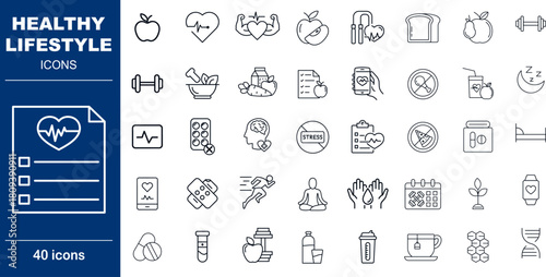 Healthy Lifestyle and Wellness Vector Icons. Set of 40 editable stroke symbols for fitness, nutrition, and mental health. Includes ECG, dumbbell, apple, and meditation
