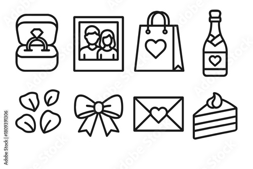Outline Engagement Icons. Engagement Party linear icon set. engagement ring box, photo frame, gift bag, champagne bottle, rose petals, bow, love letter, cake slice
