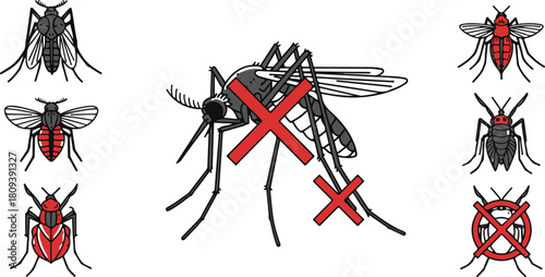 Mosquitoes and insects with prohibition symbols on white