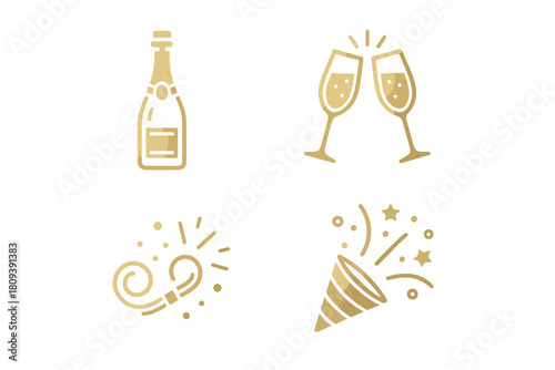 Elegant New Year Icons. Set of icons celebrating the New Year with elegance: a golden champagne bottle, a pair of clinking glasses, a party horn, and a confetti. Vector illustration