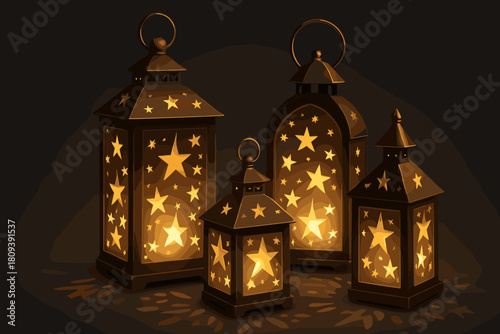 Elegant Decorative Lanterns. Collection of decorative lanterns with intricate star cutouts, casting beautiful patterns of light and shadow. The lanterns are arranged. Vector illustration
