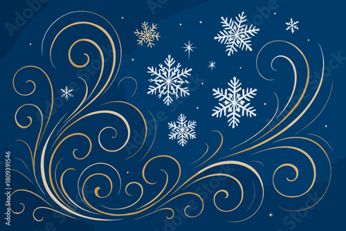 Golden Winter Wonder. Soft, swirling patterns in gold and white create a mesmerizing dance against the rich blue background. The scene is adorned with elegant. Vector illustration