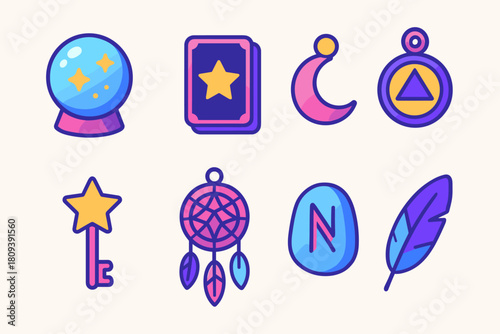Mystical Fortune Icons. Mystical Fortune Tokens flat icons set. crystal sphere, tarot card, moon charm, amulet, star key, dreamcatcher, rune stone, feather