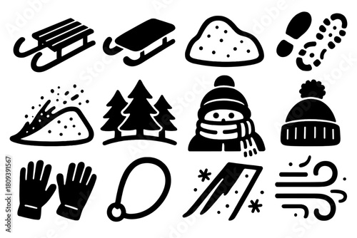 Winter Sledding Icons. Winter Sledding Fun silhouette icon set. wooden sled, toboggan, snow mound, footprints, snow spray, pine forest, bundled child, hat pom, gloves, sled handle