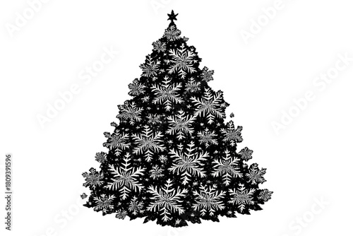 Snowflake Christmas Tree. Christmas tree intricately decorated with an array of snowflakes, each uniquely designed and positioned to create a harmonious pattern. The. Vector illustration