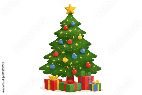 Festive Christmas Tree. Decorated Christmas tree adorned with colorful ornaments and twinkling lights. Presents are scattered underneath, wrapped in vibrant paper.. Vector illustration