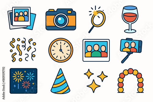 New Year Icon Set. New Year Celebration Photos flat icons set. photo collage, vintage camera, sparkler trail, wine glass, golden confetti, clock face, group picture, selfie stick