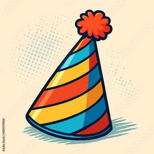 Vibrant Party Hat. Cheerful party hat with vivid stripes and a pom-pom on top sits at an angle, capturing the essence of fun. Set against a textured halftone. Vector illustration