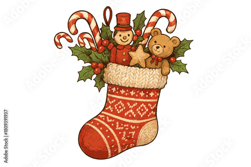 Festive Stocking Overflow. Cozy Christmas stocking overflowing with candy canes, small toys, and sprigs of holly. The stocking is richly textured, with a traditional. Vector illustration