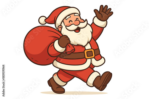 Joyful Santa Claus. Santa Claus waves joyfully as he walks with a spring in his step. His red sack, bulging with presents, adds a sense of excitement and mystery.. Vector illustration