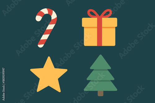 Minimalist Christmas Icons. Set of Christmas icons including a candy cane, present, star, and abstract tree, laid out in a scattered pattern. The icons are depicted. Vector illustration