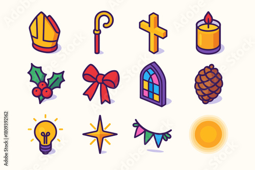 Colorful Holiday Icons. Episcopal Holiday Icons flat icons set. bishop mitre, crozier staff, gold cross, candle jar, holly sprig, ribbon bow, church window, pinecone, glowing light