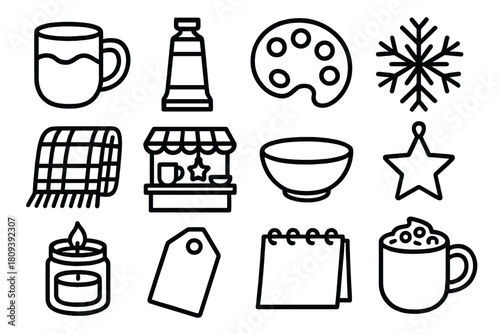 Winter Fair Icons. Artisan Winter Fair linear icon set. handmade mug, paint tube, palette, snowflake, wool blanket, art booth, ceramic bowl, star ornament, candle jar, gift tag