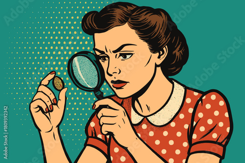 Vintage Investigator's Curiosity. Woman in a vintage dress holding a magnifying glass, examining a small object closely. The teal background with dotted patterns. Vector illustration