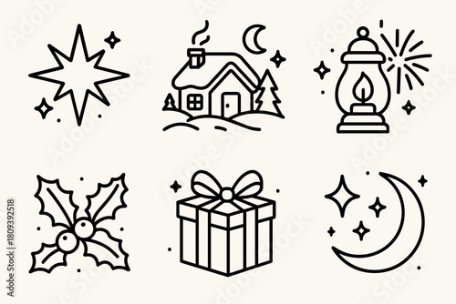 Festive Iconic Glow. Holiday Magic Glow linear icon set. Christmas star, snowy cabin, lantern, fireworks, holly, gift, sparkle, moonlight