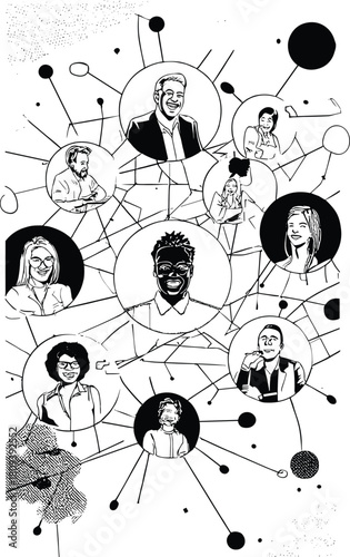 Black and white social network illustration with interconnected people, leader profile, communication pathways, collaboration, teamwork, and digital connectivity concept