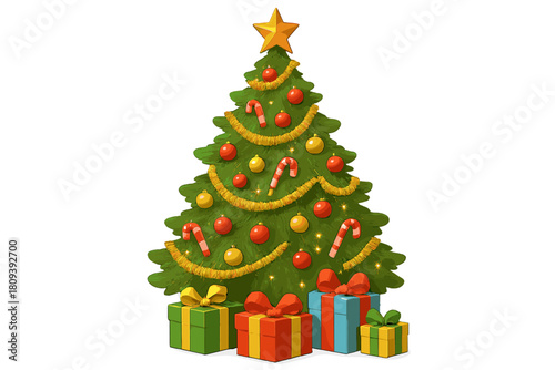 Festive Christmas Tree. Decorated Christmas tree adorned with red and gold ornaments, candy canes, and tinsel, surrounded by a collection of colorful wrapped gifts.. Vector illustration