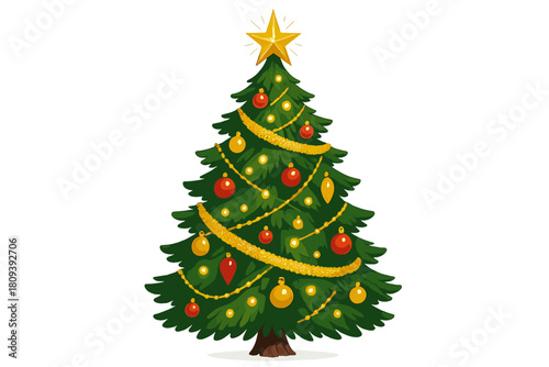 Classic Christmas Tree. Illustration of a classic Christmas tree topped with a sparkling star, adorned with lights, tinsel, and ornaments. The tree stands tall and. Vector illustration