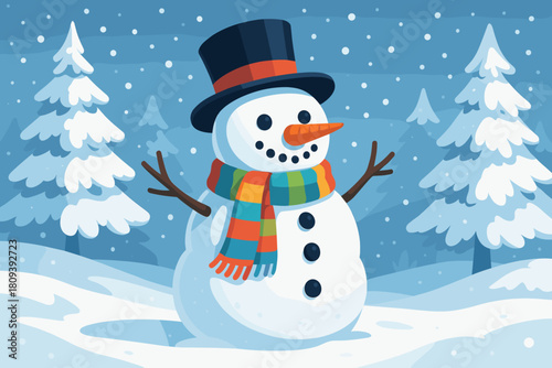 Playful Snowman Scene. Snowman with a carrot nose and coal eyes stands in a winter wonderland. It wears a colorful scarf and a top hat. Surrounding it are. Vector illustration