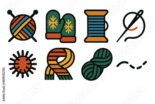Bold Winter Handcraft Icons. Winter Handcrafts silhouette icon set. colorful yarn, handmade mittens, spool of thread, needlework, pom-pom detail, cozy scarf, wool skein, stitching