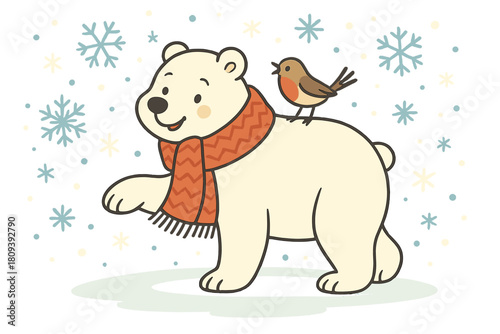 Playful Polar Friendship. Playful polar bear adorned with a knitted scarf, playfully interacting with a small, curious bird perched on its back. The scene exudes a. Vector illustration