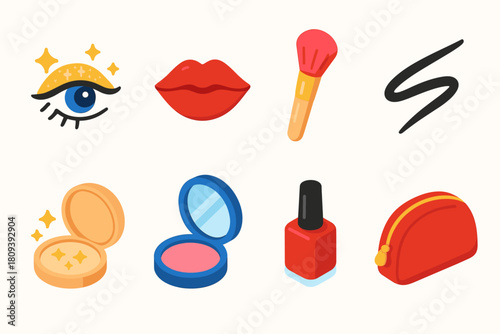 Winter Makeup Essentials. Winter Festive Glam flat icons set. glitter eyes, red lips, blush brush, eyeliner stroke, shimmer powder, mirror compact, nail polish, makeup pouch