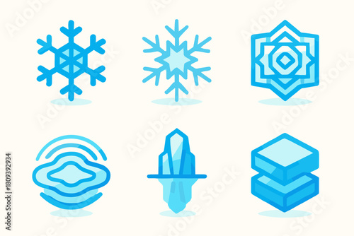 Frozen Geometry Icons. Frozen Geometry flat icons set. hexagonal flake, ice fractal, geometric pattern, frozen ripple, mirrored reflection, chilled tone
