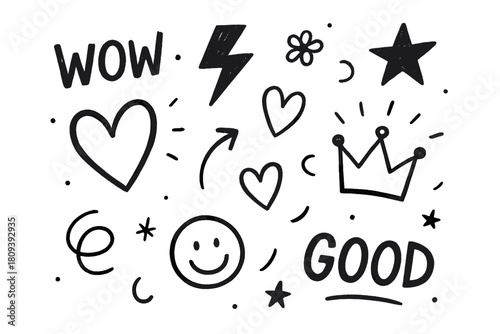 Lively Doodle Icons. Lively doodle set with icons such as hearts, crowns, and lightning bolts, accompanied by expressive words like 'wow' and 'good'. Each element is. Vector illustration