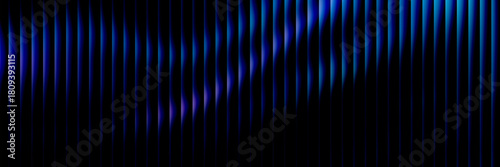 Neon Blue Reeded Wave Stripes, Glowing wavy glass lines on black vector background