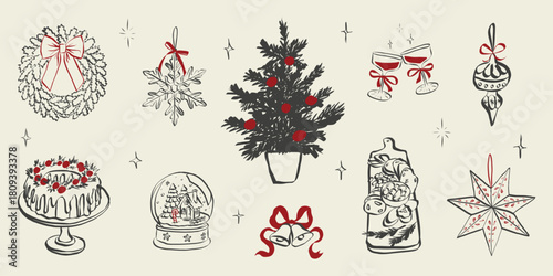 Whimsical party doodles featuring festive dinner table with Christmas tree and star, wine glasses, wreath with bow and holiday decorations in Crayon sketch style. Vector illustration