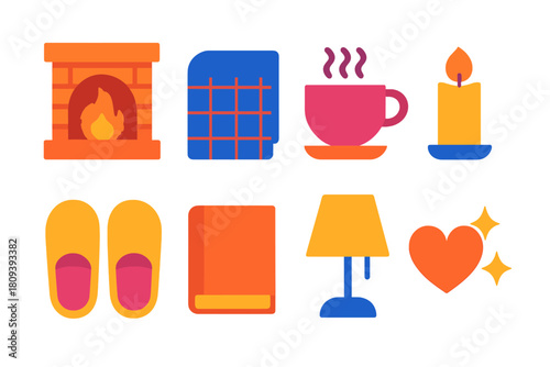 Snug Winter Essentials. Snug & Cozy Icons flat icons set. fireplace, blanket, tea cup, candle, slippers, book, lamp, heart sparkle