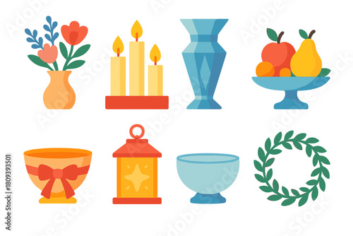 Festive Table Icons. Festive Centerpiece Pack flat icons set. floral bouquet, candle trio, crystal vase, fruit platter, ribbon detail, glowing lantern, glass bowl, greenery ring