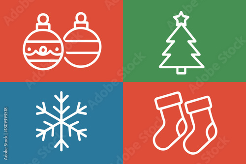 Festive Christmas Icons. Collection of Christmas-themed icons, featuring ornaments, a tree, a snowflake, and stockings. Each icon is set in its own colored. Vector illustration