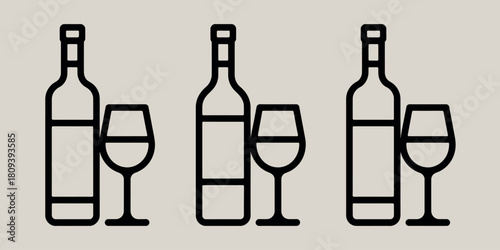 Three stylized wine bottles and wine glasses on a neutral background