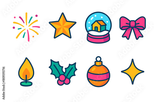 Vibrant Seasonal Icons. Seasonal Glow flat icons set. fireworks burst, Christmas star, snow globe, ribbon, candle flame, holly leaf, ornament, shimmer