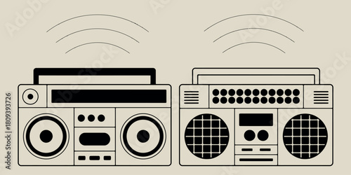 Retro boombox and cassette player illustration with sound waves