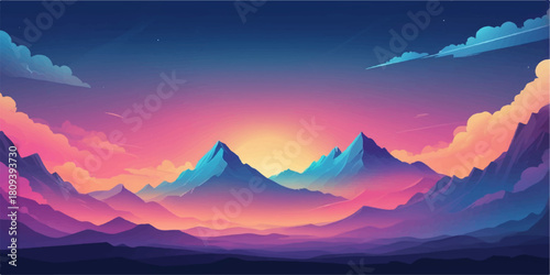 Vibrant sunset over stylized mountain landscape with glowing gradient sky in a colorful vector illustration.
